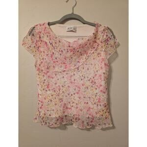AGB Petite Sheer Floral Baby Tee Y2K Coquette Ruffle Hem Top P/4